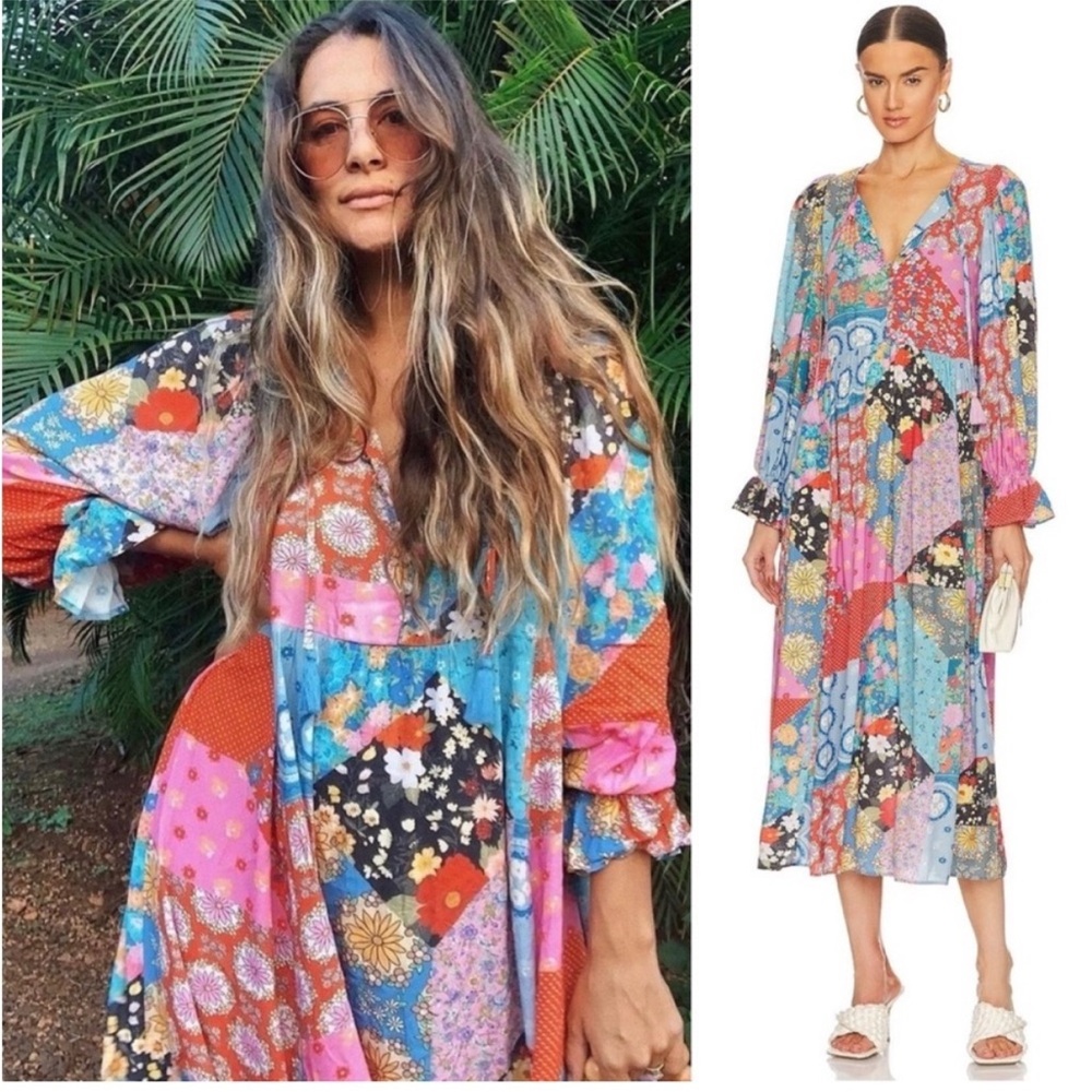 SPELL &‎ THE GYPSY Cha Cha Patchwork Midi Dress Boho size Small Jewel Colorway